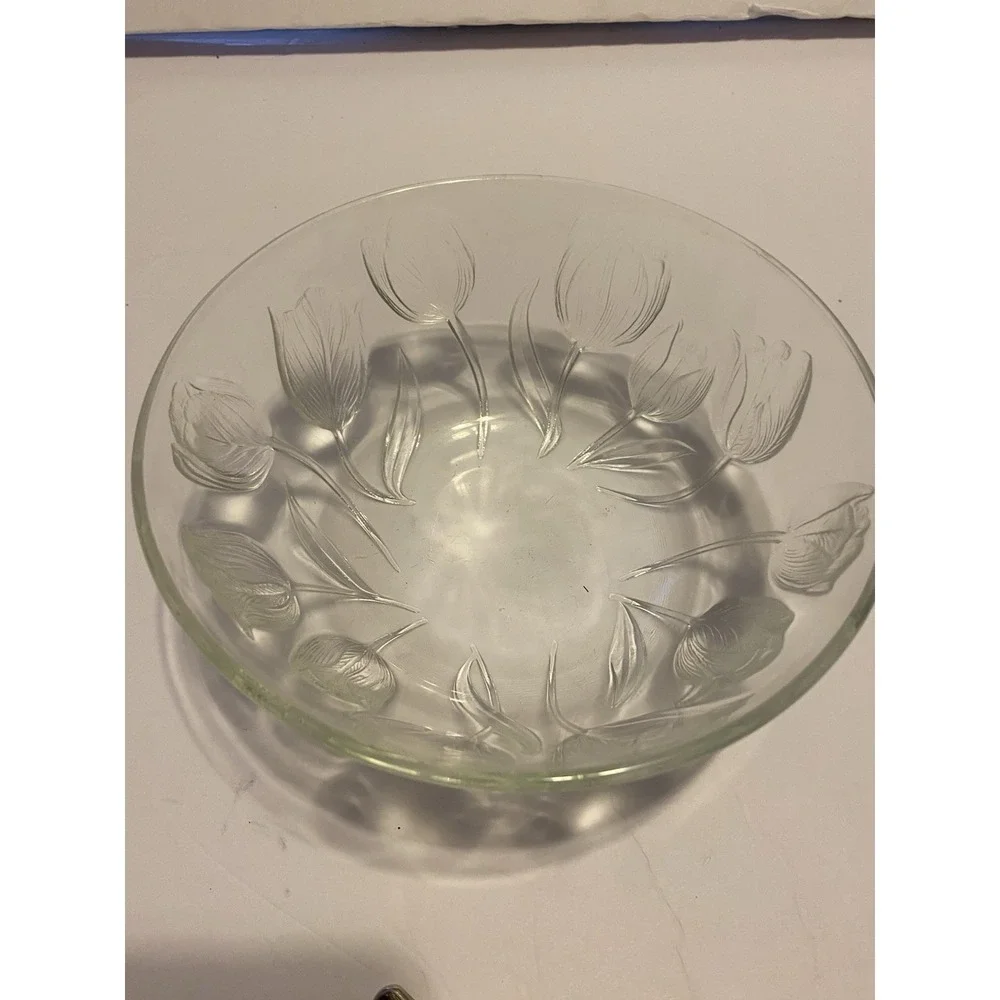 Set Of 3 Teleflora Clear Crystal Bowl Vase Center Piece‎ Frosted Tulips 7.25